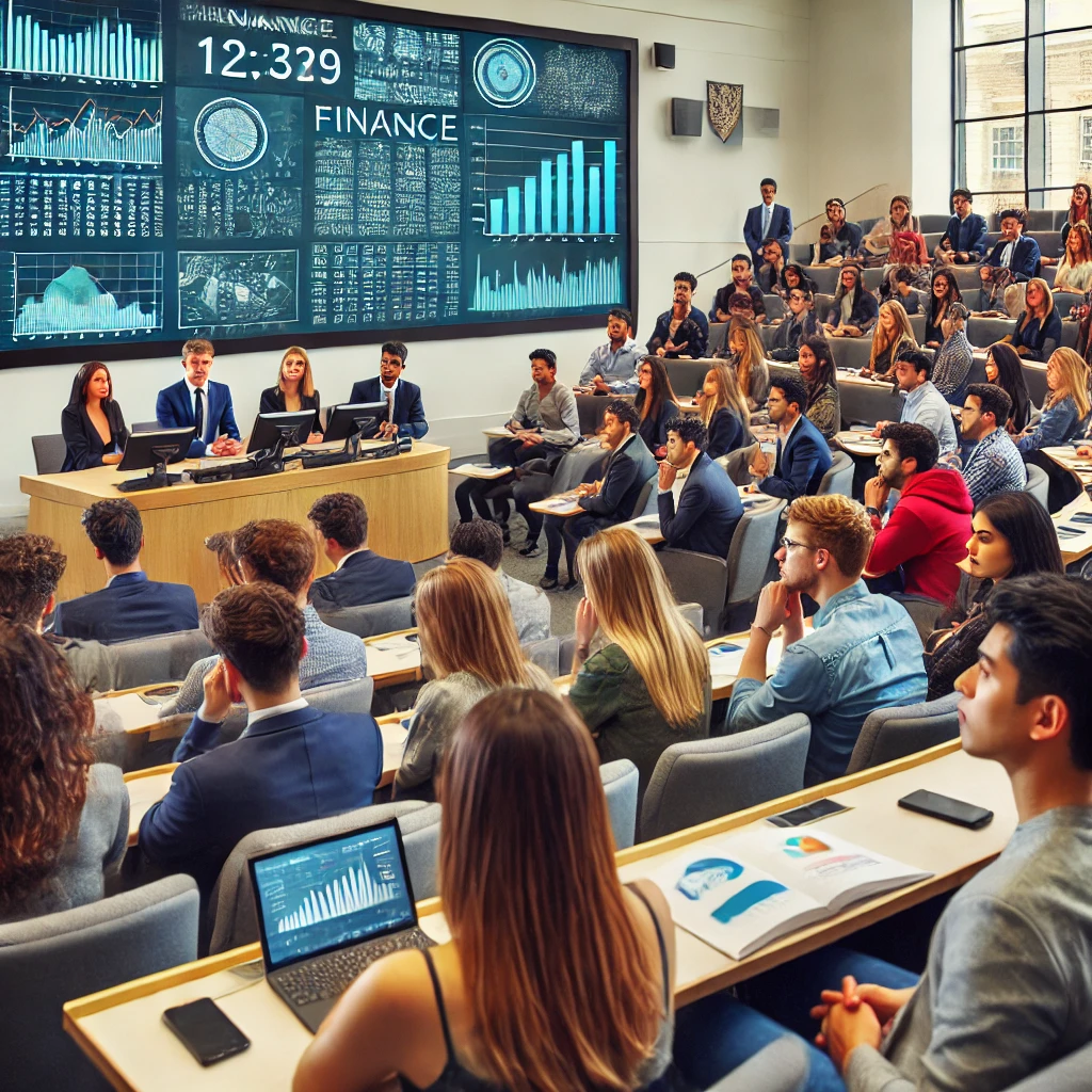DALLE 2024-11-25 133119 - A diverse group of students engaged in a finance lecture at a prestigious UK university The scene features a modern lecture hall with students of dif | Career Voyage - Study in UK Finance Courses in the UK